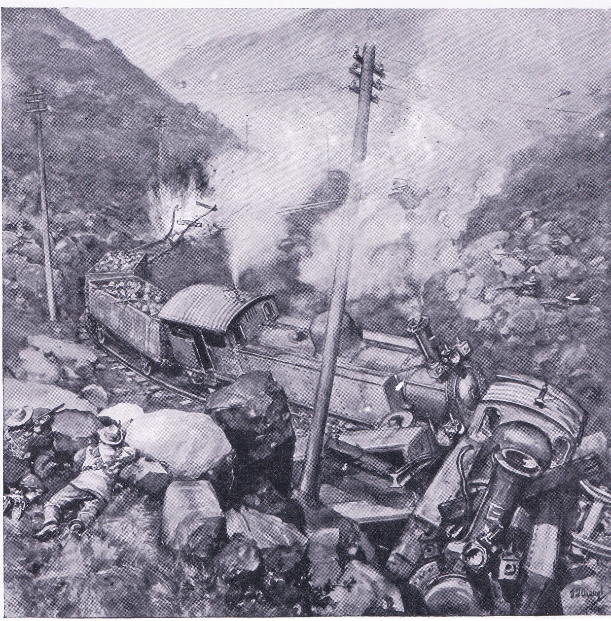Ødelæggelsen af et pansret tog nær Vlakfontein, illustration fra After Pretoria: The Guerilla War, 1902 af Frederick Judd Waugh