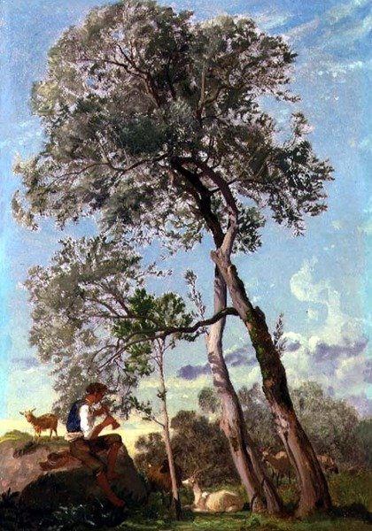 I Campagna, en gedehyrde, der spiller på røret (olie på papir lagt om bord) af Frederick Lee Bridell