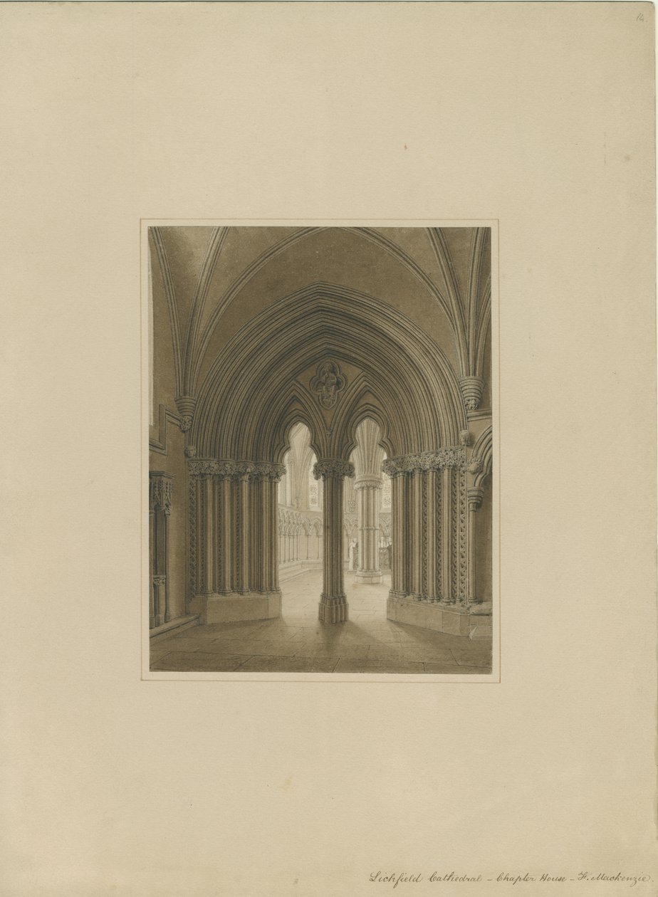 Interiør af Lichfield Cathedral - Chapter House-døråbning: sepia-tegning og [c 1820] af Frederick Mackenzie