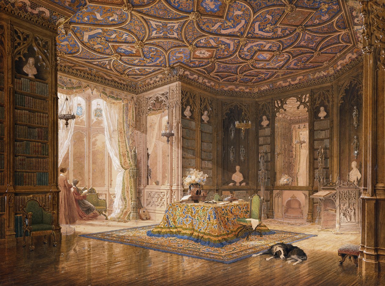 The Library of Stanmore Hall, sæde for Robert Holland, Esq, af Frederick Mackenzie