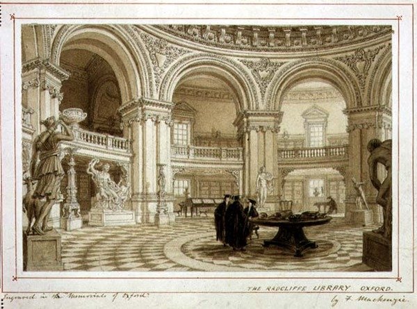 Radcliffe Library, Oxford, ca. 1835 (akvarel på papir) af Frederick Mackenzie