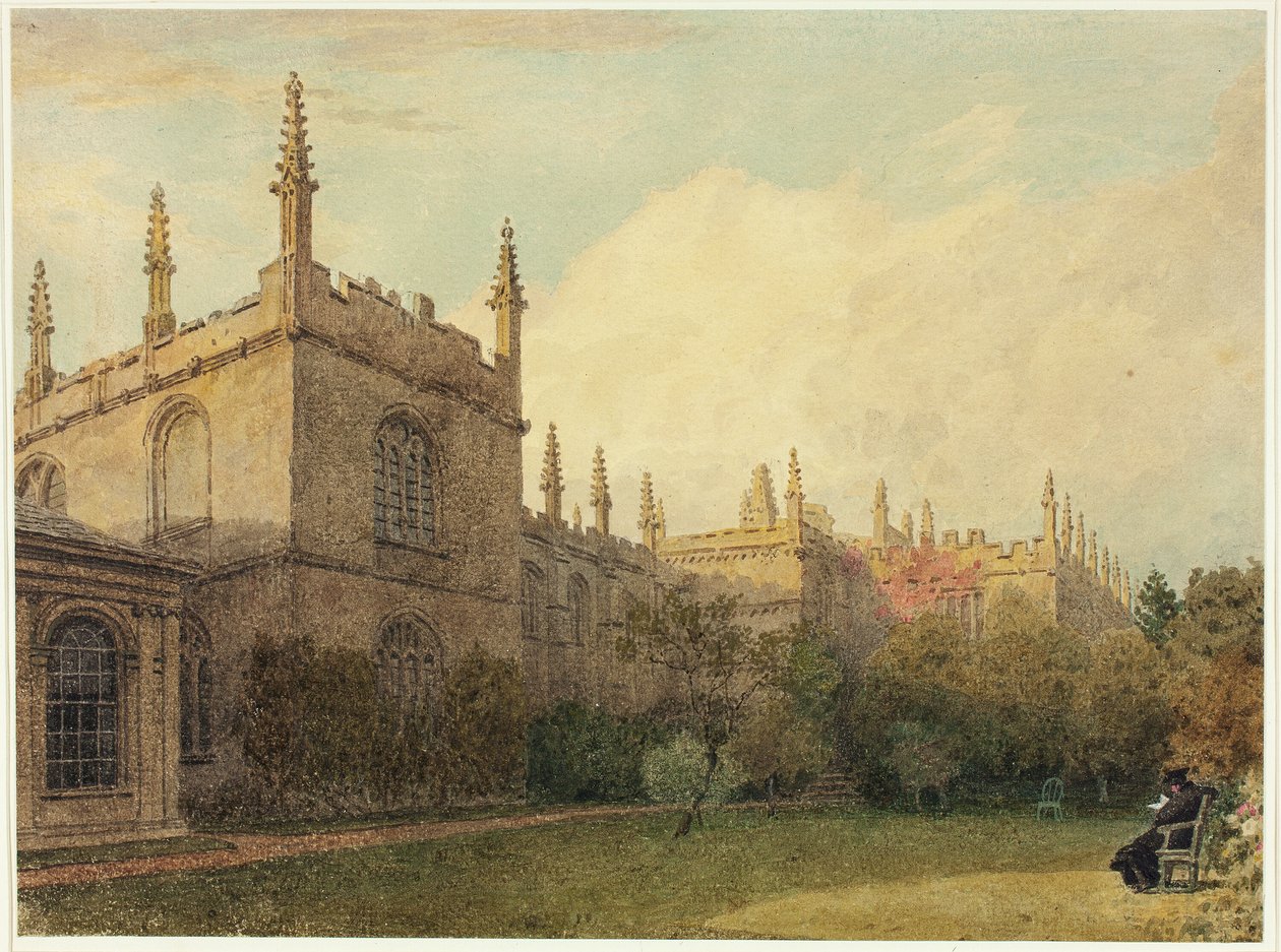 Universitetsbygninger fra Exeter College Gardens af Frederick Mackenzie
