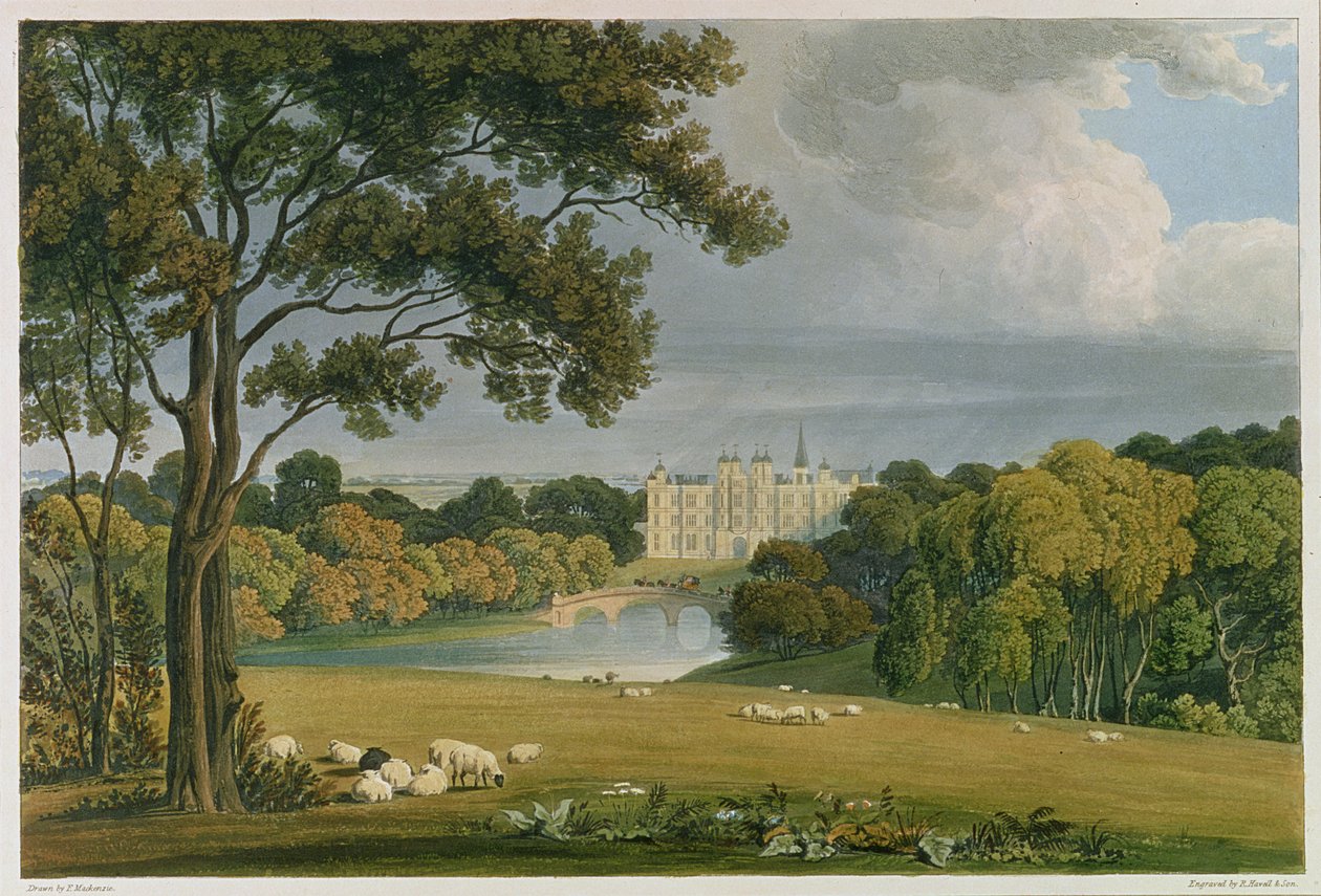 Udsigt over Burghley House, sæde for markisen af Exeter, indgraveret og udgivet af Robert Havell (1769-1832), 1819 (farvegravering) af Frederick Mackenzie