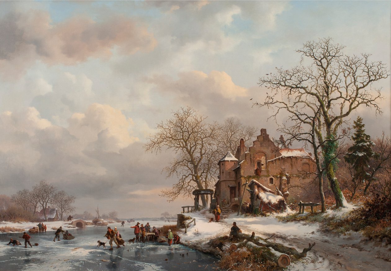 Et vinterlandskab med skatere på en frossen flod af Frederick Marianus Kruseman