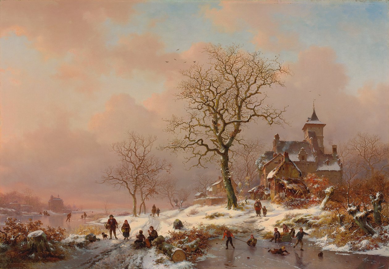 Vinterlandskab med figurer, der leger på isen, 1868 af Frederick Marianus Kruseman