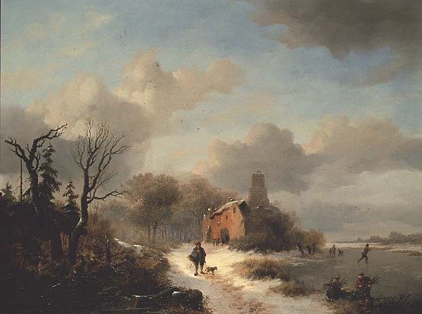 Vinterlandskab med bonde og figurer på is af Frederick Marianus Kruseman