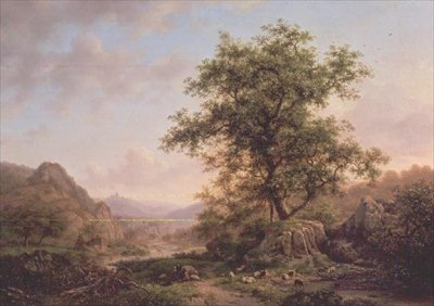 Skovlandskab med bønder og dyr på stien af Frederick Marianus Kruseman