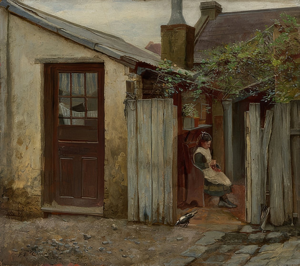 Pige med fugl foran King Street Bakery. 1886 af Frederick McCubbin
