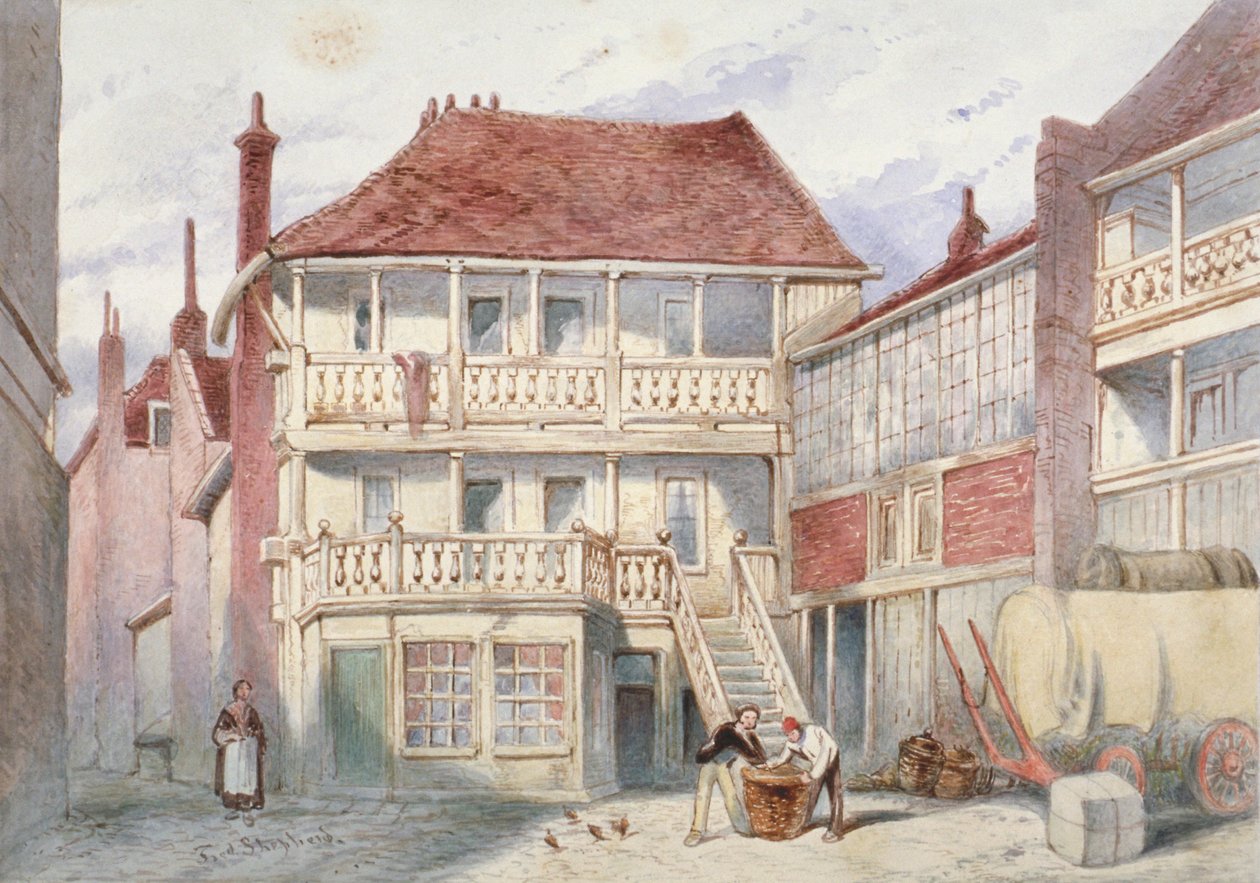 Udsigt over French Horn Tavern, Holborn, London, 1840 af Frederick Napoleon Shepherd