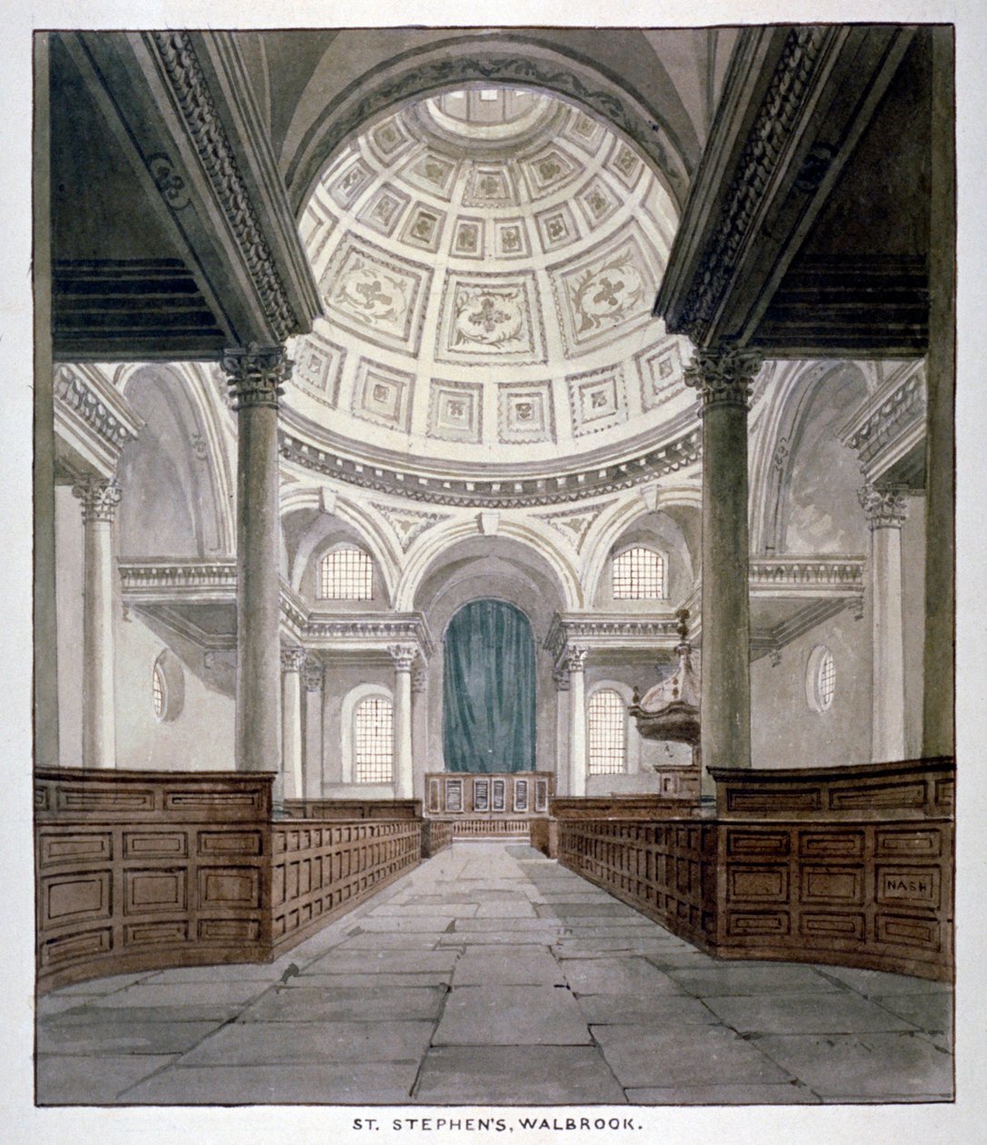 Church of St Stephen Walbrook, City of London, c1840. af Frederick Nash
