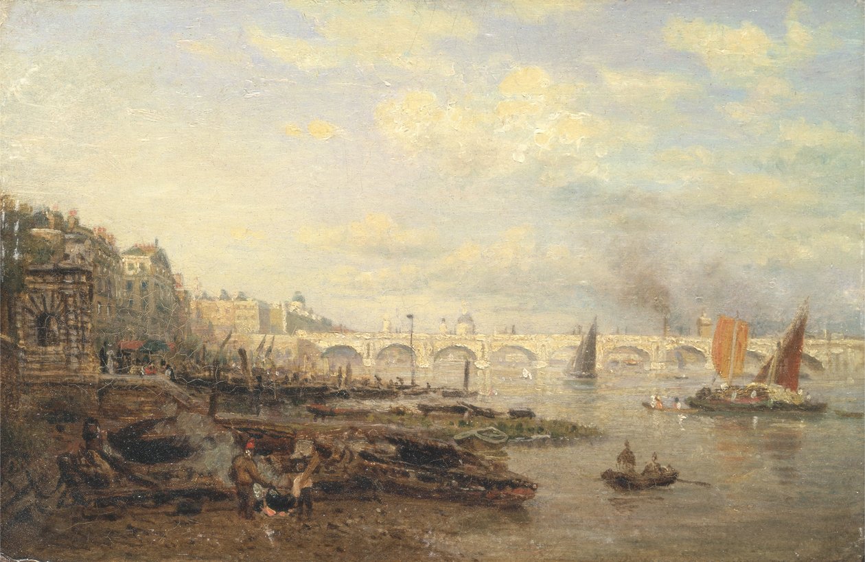 Themsen og Waterloo-broen fra Somerset House, ca. 1820-30 (olie på panel) af Frederick Nash