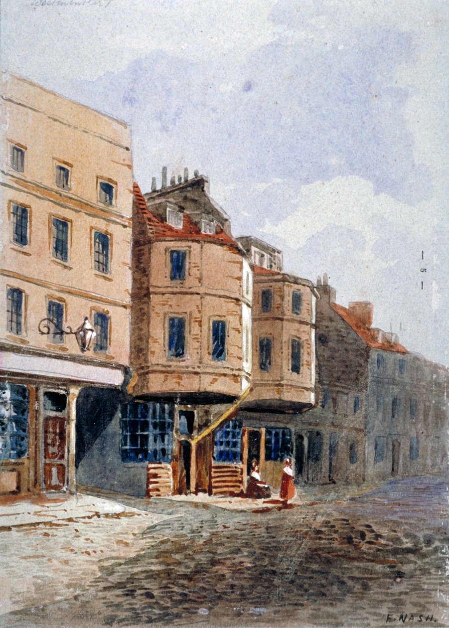 Udsigt over Oliver Cromwells hus, Clements Lane, Westminster, London, c1840 af Frederick Nash