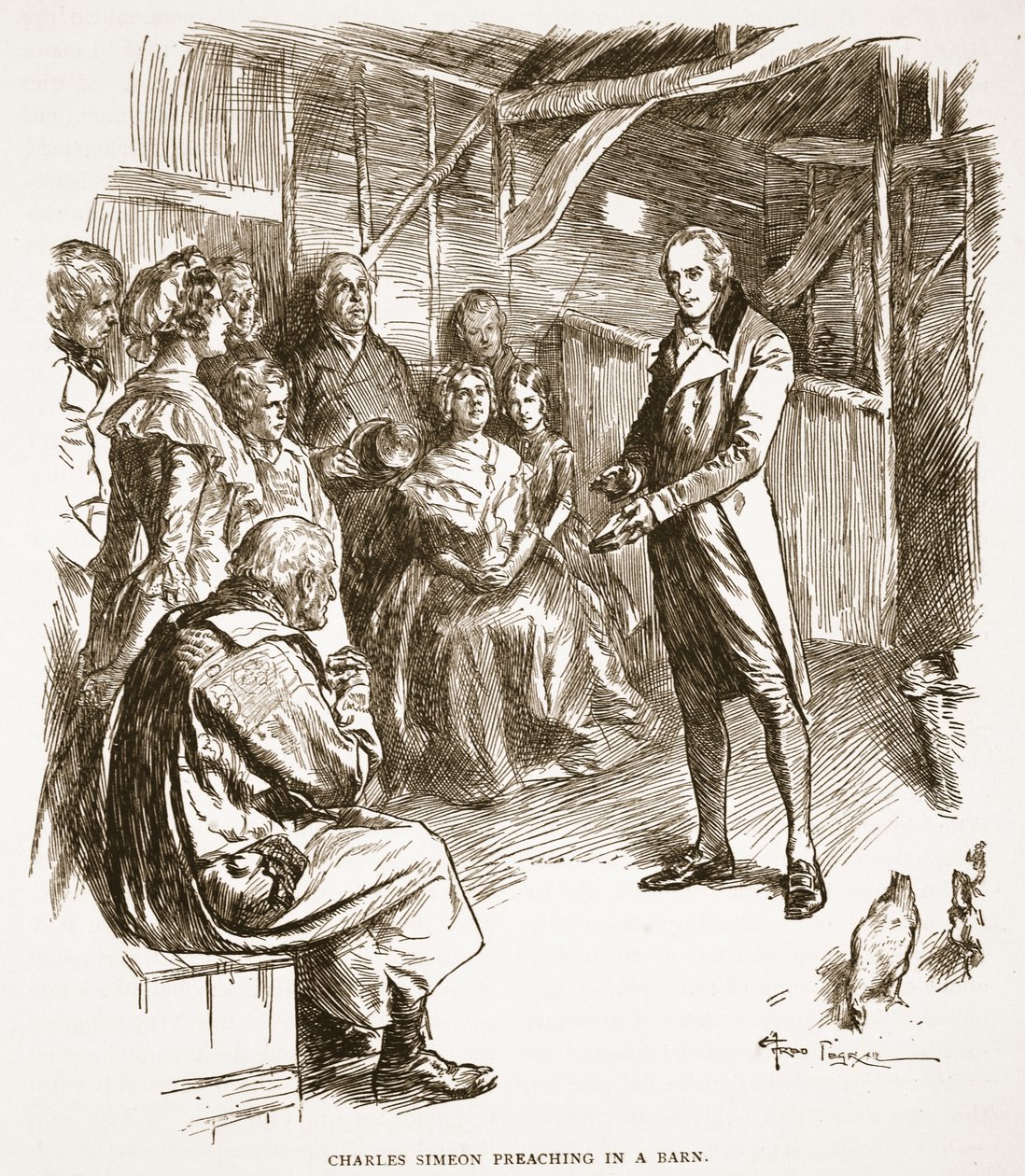 Charles Simeon prædiker i en lade, illustration fra 