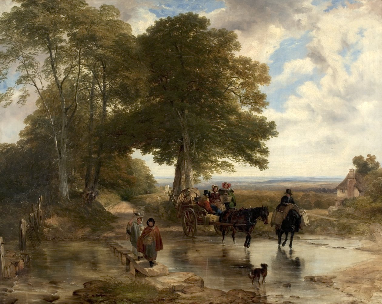 Markedsvogn ved en bæk, 1845 af Frederick Richard Lee