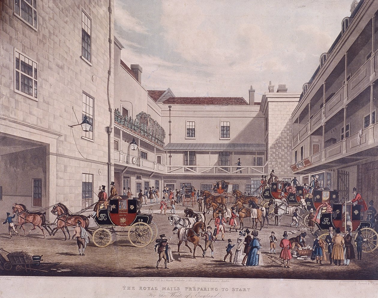 Royal Mail Coaches på Lad Lane, London, 1831 af Frederick Rosenberg