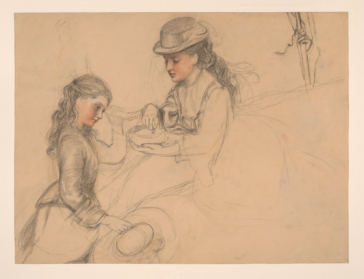 Studie af to piger, med et studie af en hånd til højre af Frederick Sandys