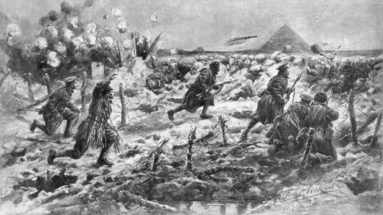 Et britisk angreb med bajonet og granat, Neuve-Chapelle, Frankrig, 10. marts 1915, 1926. af Frederick Villiers