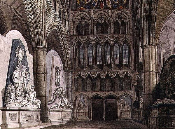 Den nordlige indgang, planche 55 fra "Westminster Abbey", graveret af J. Bluck (fl.1791-1831) og Williamson, udgivet af Rudolph Ackermann (1764-1834) 1811 (akvaratint) af Frederick and Villiers H. (after) Mackenzie