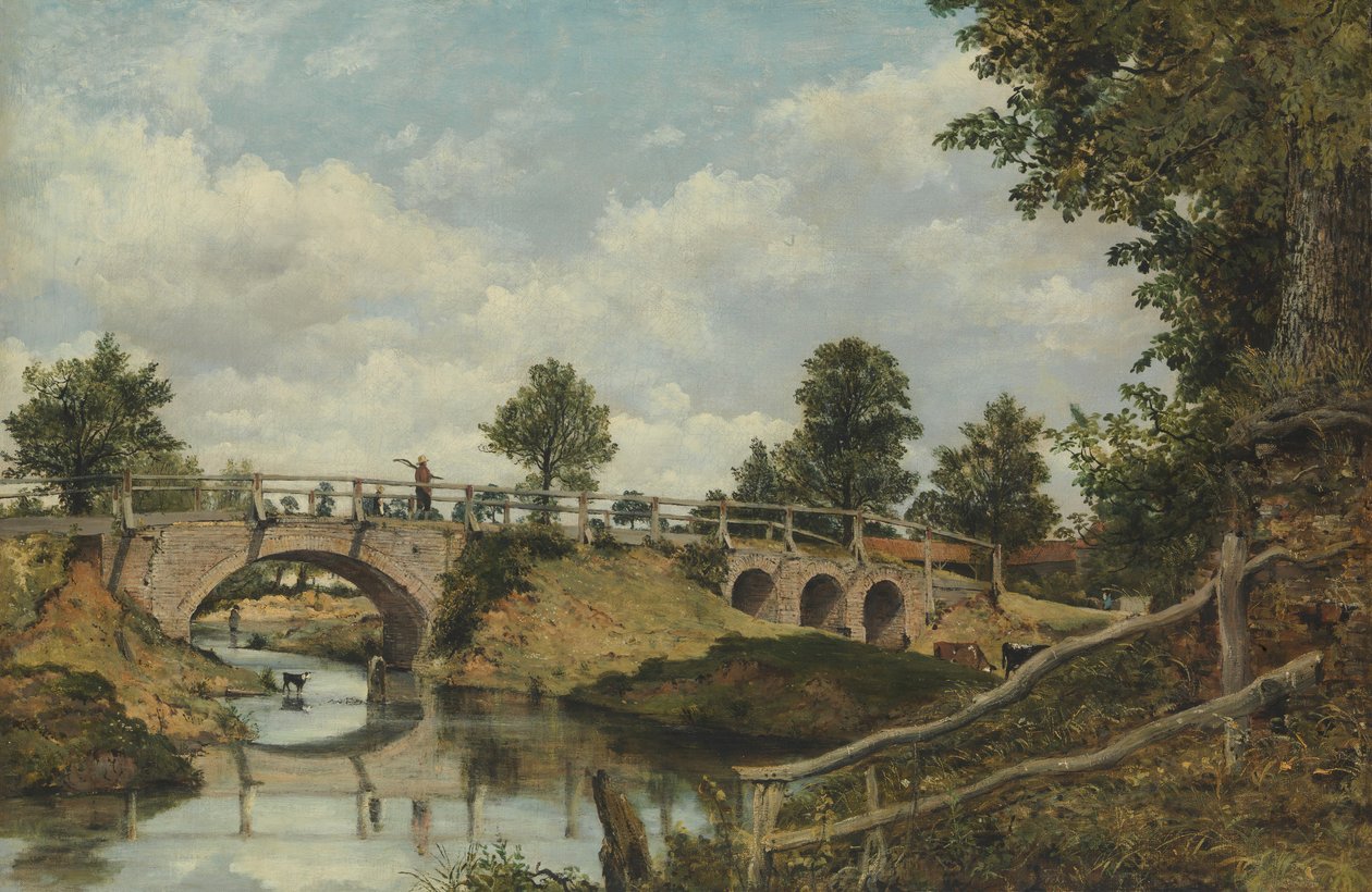 En gammel bro ved Hendon, Middlesex, ca. 1828. af Frederick W Watts