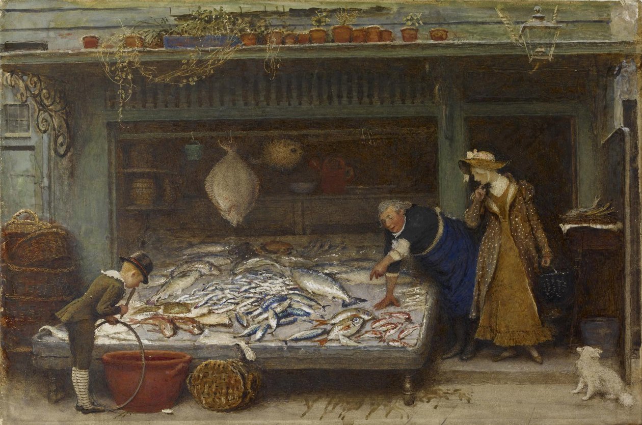 En fiskehandlerbutik, 1873 (wc på papir) af Frederick Walker