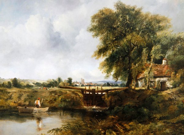 Dedham Lock (olie på lærred) af Frederick Waters Watts