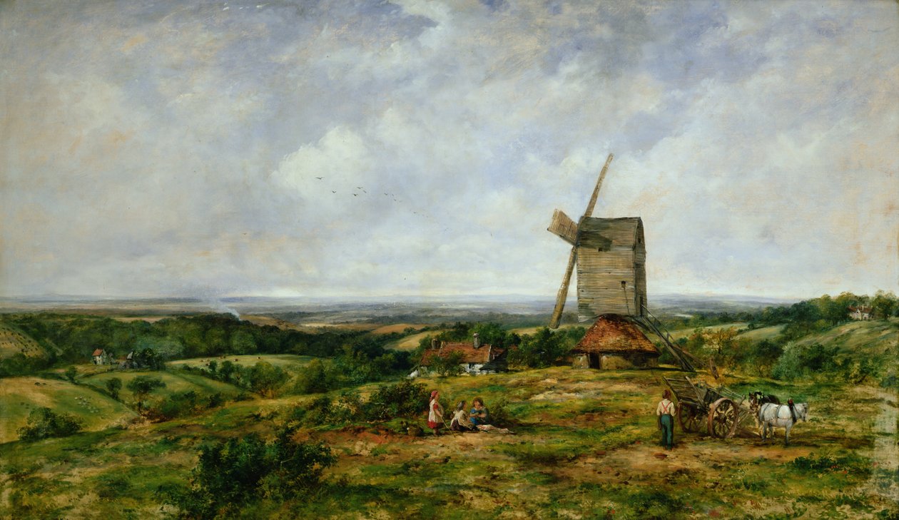 Landskab med figurer ved en vindmølle af Frederick Waters Watts