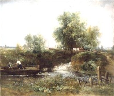 Flod med Horses Crossing og Skiff af Frederick Waters Watts