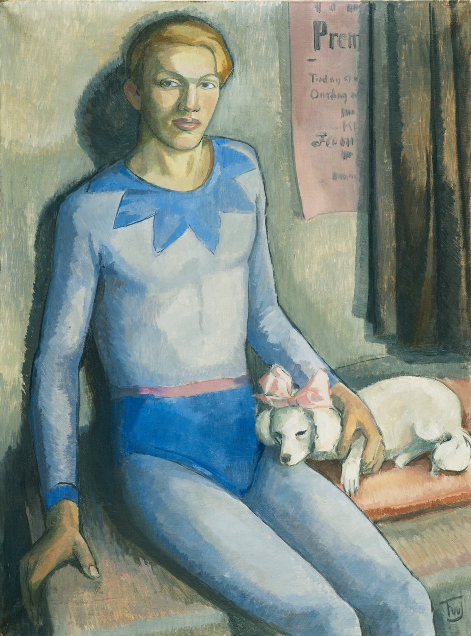 En harlekin med sin hund (olie på lærred) af Frederick Wilhelm Jacobsen