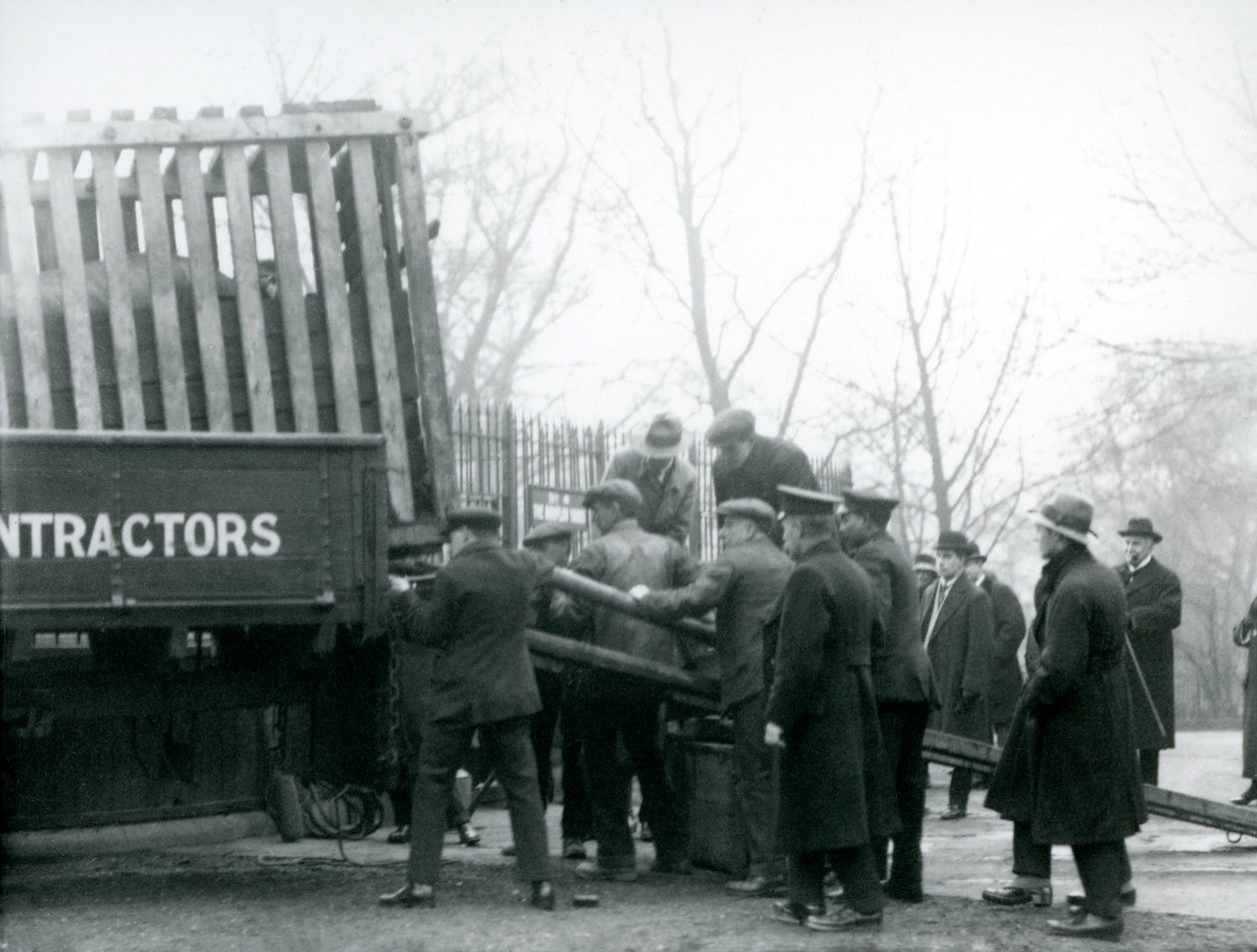 En flok tilskuere står ved siden af, mens et næsehorn bliver læsset af en lastbil af vogtere i London Zoo i 1924 af Frederick William Bond