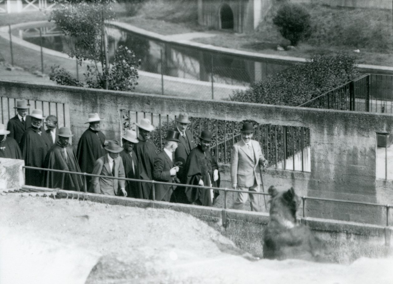 Sir Peter Chalmers Mitchell, med den etiopiske regent Haile Selassie og hans følge, ser en brun bjørn på Mappin Terraces, London Zoo, 1924 af Frederick William Bond