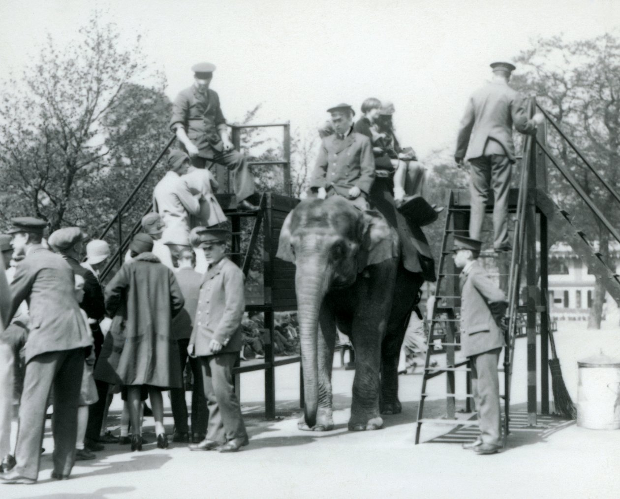 Besøgende, der står i kø til en elefanttur, mens andre går om bord med hjælp fra fem vogtere, London Zoo, 1927 af Frederick William Bond