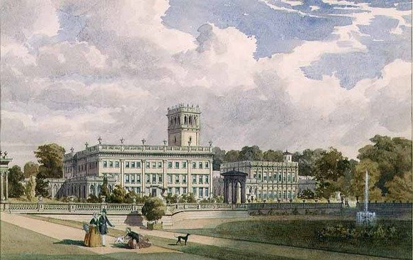 Udsigt over huset og haven i Trentham, Staffs (blyant og akvarel) af Frederick William Hulme