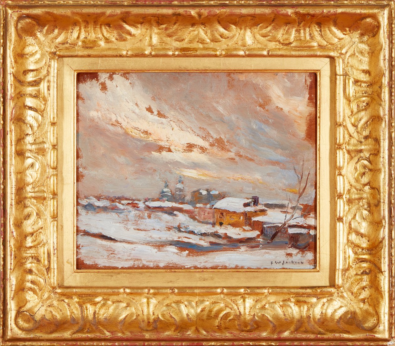 Et vinterlandskab med fjerne kupler, Rusland (olie på panel) af Frederick William Jackson