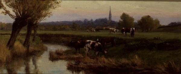 Køer græsser ved en flod af Frederick William Newton Whitehead