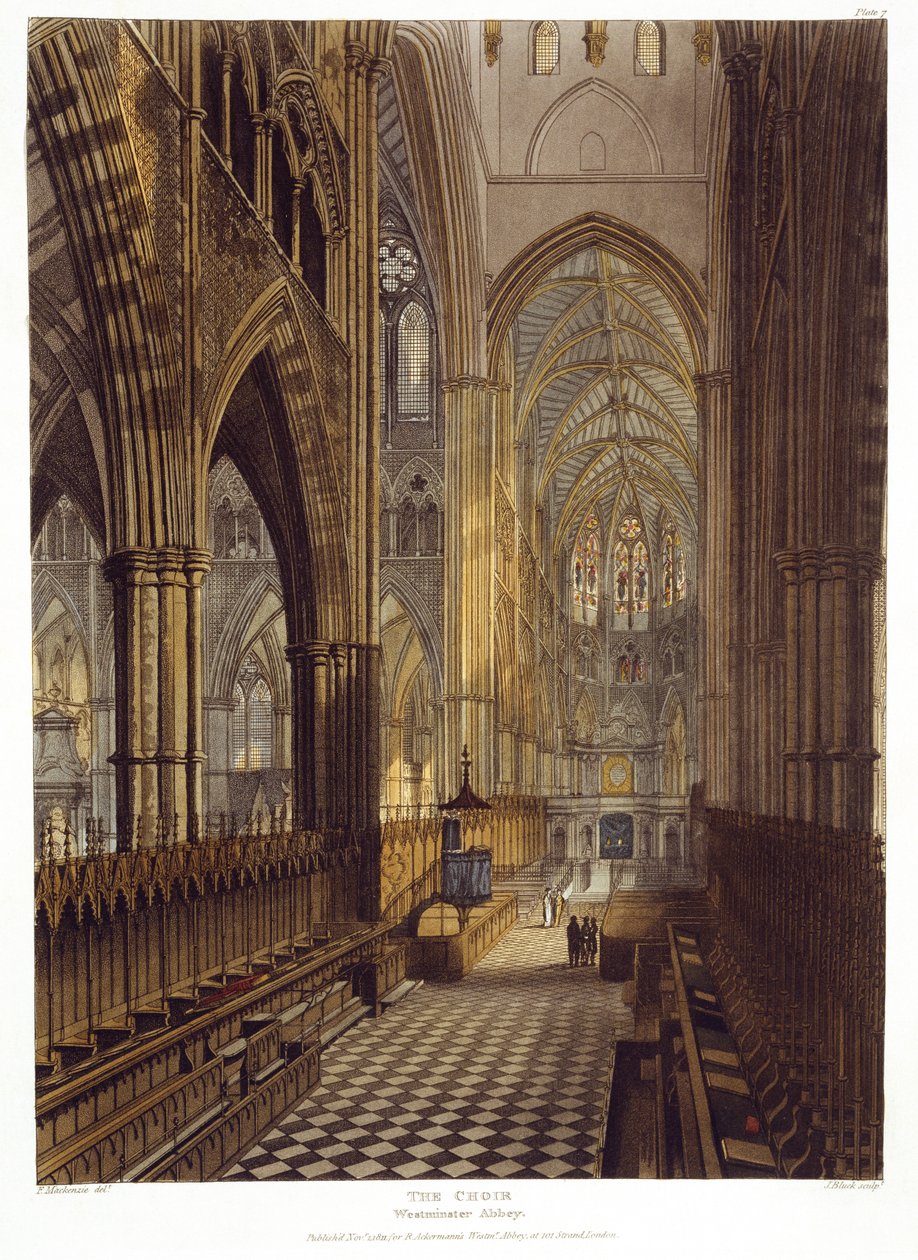 The Choir, plade 7 fra Westminster Abbey, indgraveret af J. Bluck (fl.1791-1831) pub. af Rudolph Ackermann (1764-1834) 1811 (akvatinte) af Frederick after Mackenzie