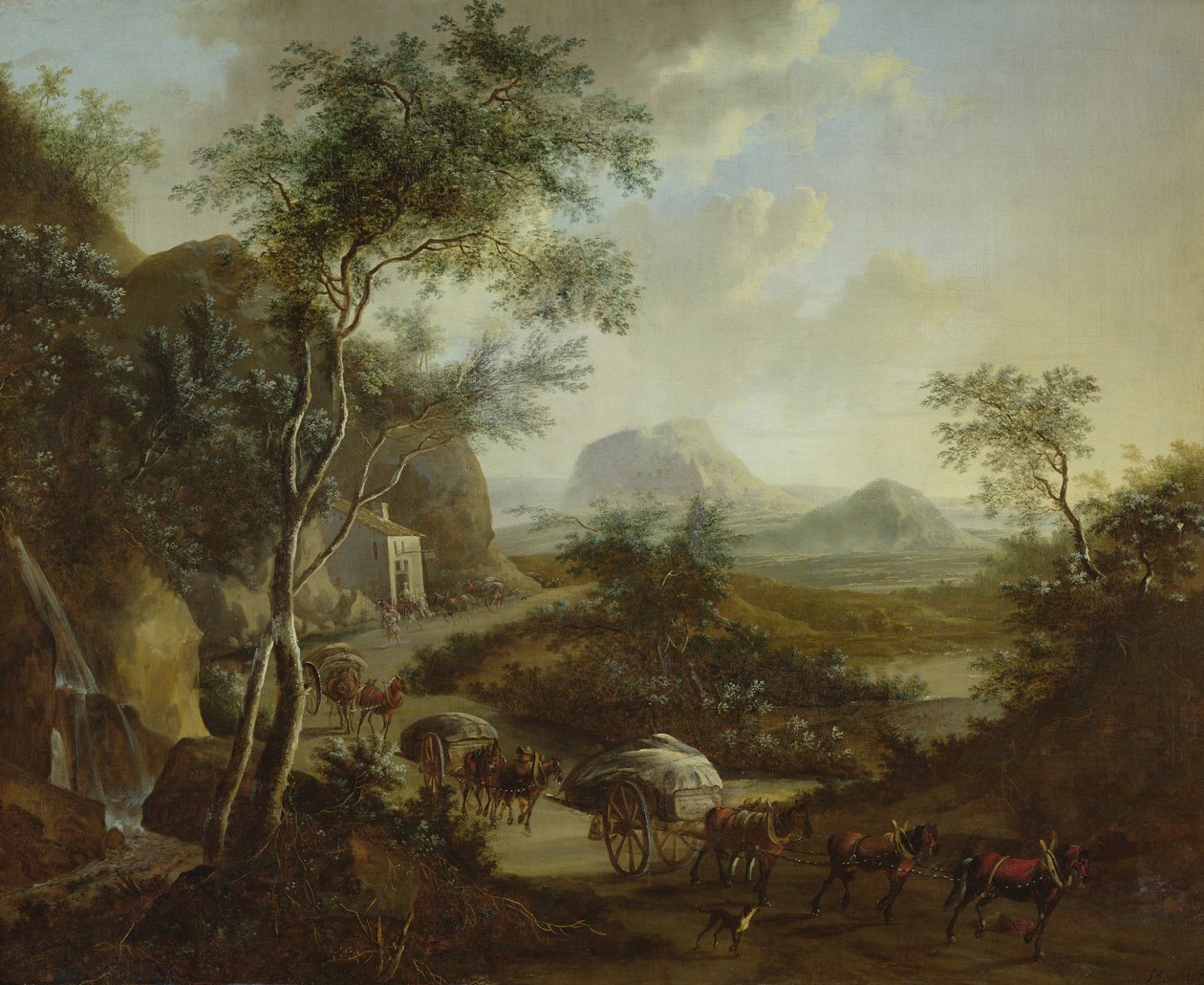 Landskab med en konvoj af heste og vogne af Frederick de Moucheron