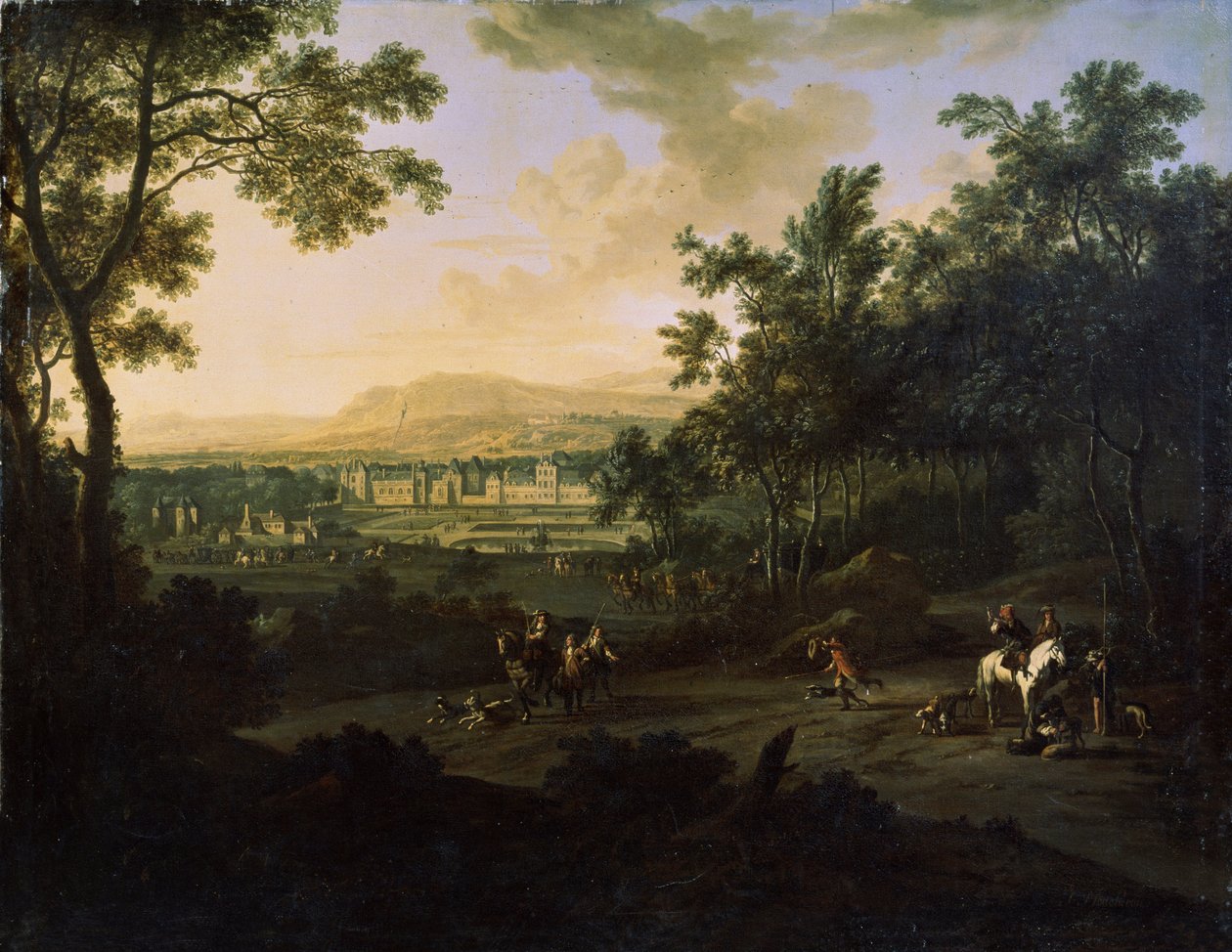 Landskab med jægere. Maleri af Frederick de Moucheron (1633-1686). Olie på lærred, hollandsk kunst, barokstil. Mikhail Kroshitsky kunstmuseum, Sevastopol (Sevastopol) Ukraine af Frederick de Moucheron