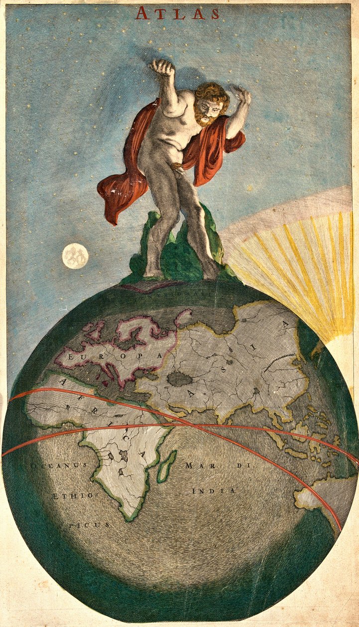 Atlas, der understøtter den himmelske hvælving, løfter på Jorden (ætsning af Frederick de Wit