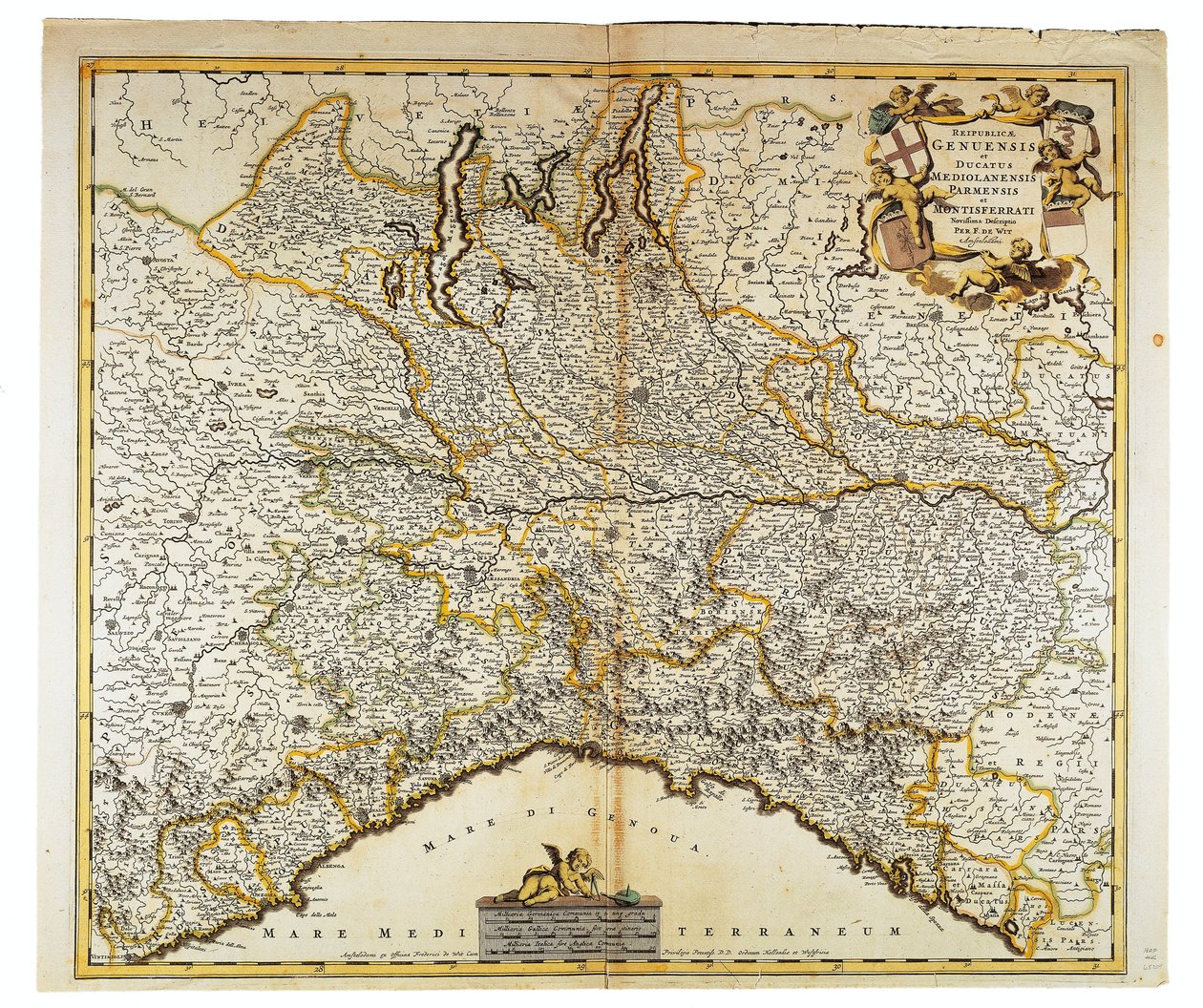 Republikken Genova, Hertugdømmet Milano, Parma og Monferrato, Kort af Frederik de Wit, Amsterdam, Kobberstik af Frederick de Wit