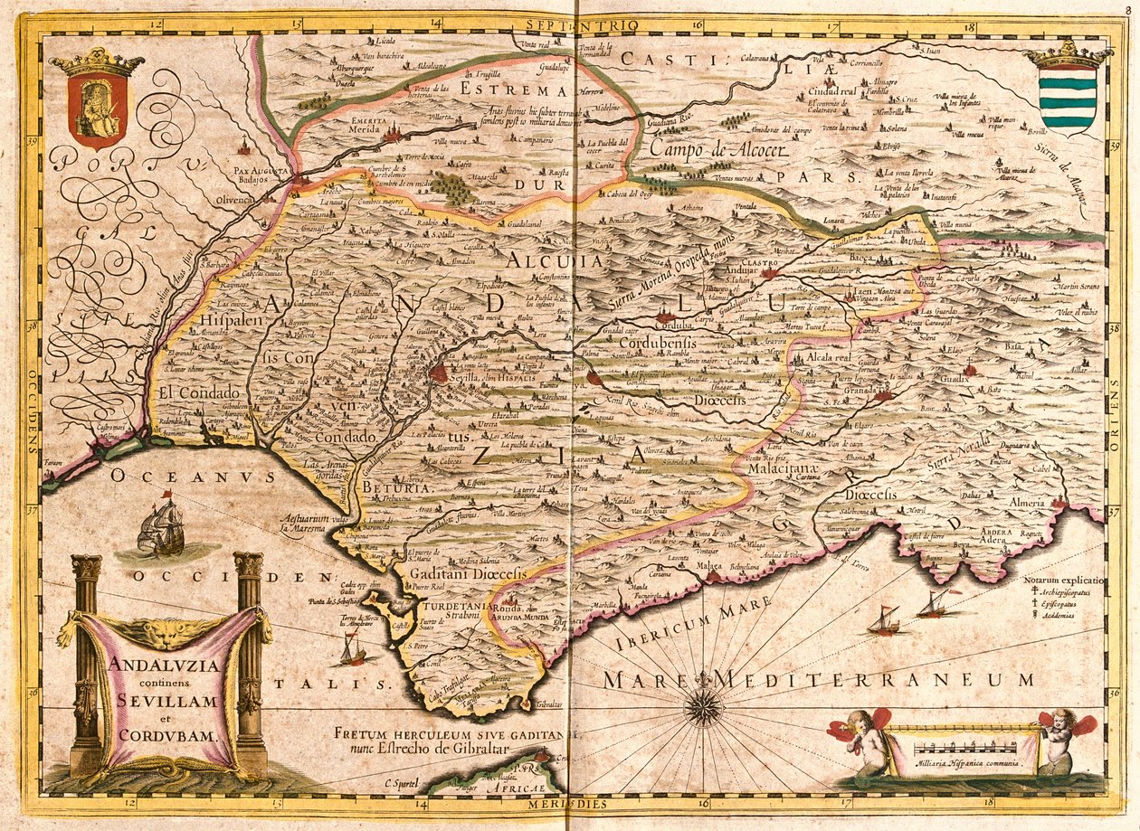 Kort over Andalusien med Sevilla og Cordoba (Spanien) (radering af Frederick de Wit