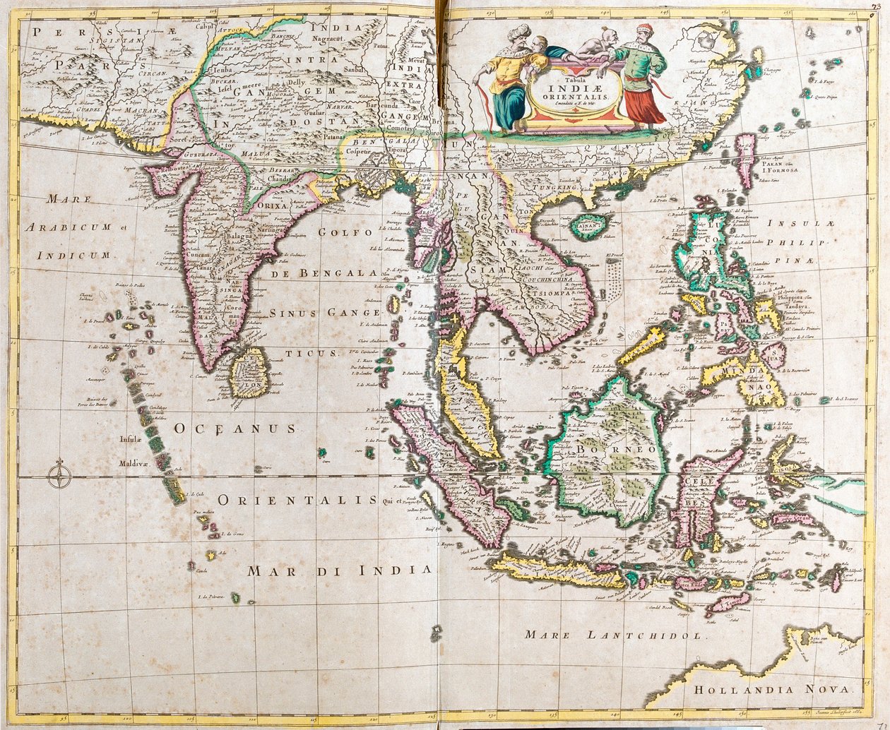 Kort over Østindien (Syd- og Sydøstasien: Pakistan, Indien, Nepal, Bangladesh, Burma, Sri Lanka, Thailand, Malaysia, Vietnam, Cambodja, Laos, Filippinerne, Singapore og Indonesien) (radering) af Frederick de Wit