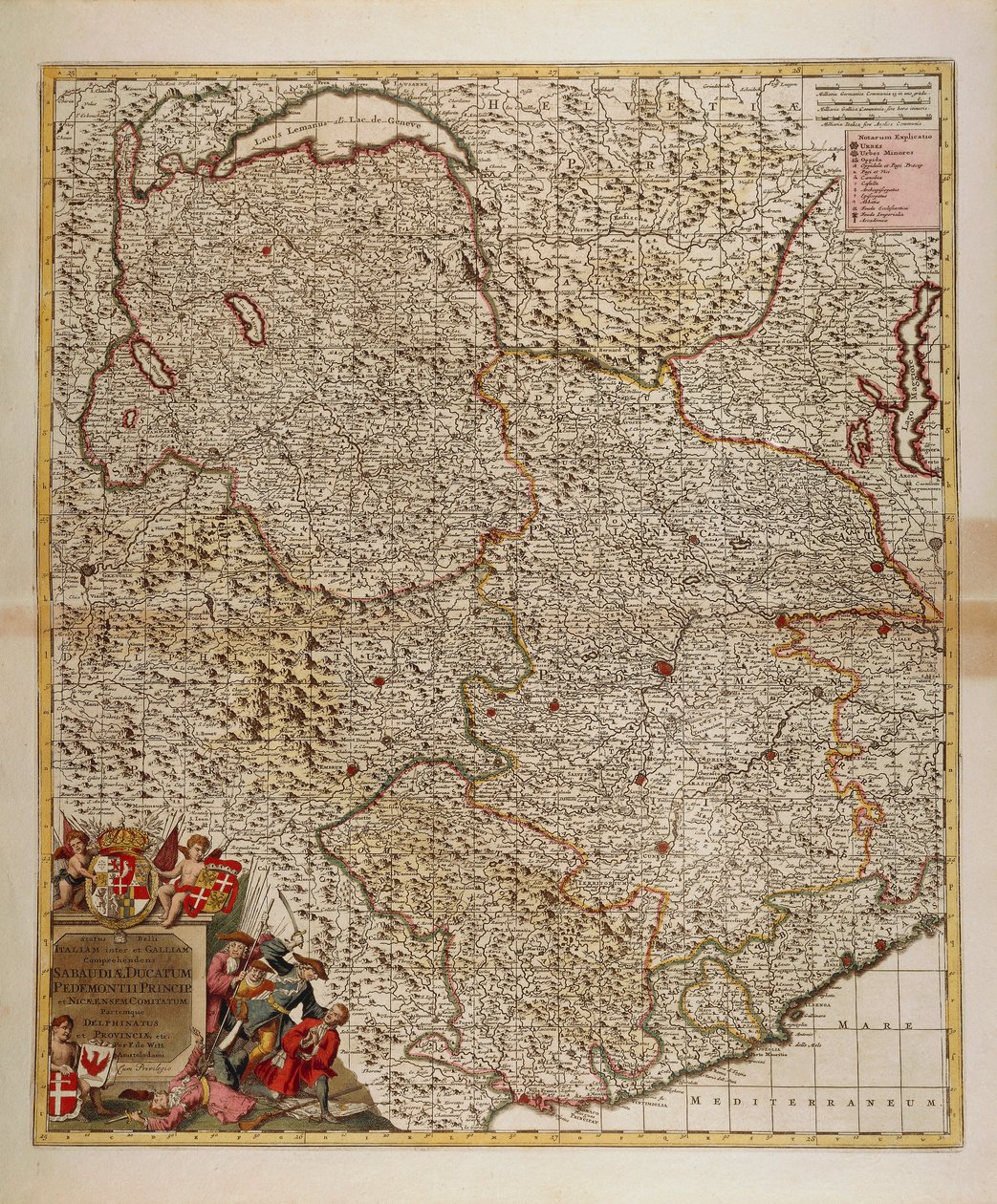 Kort over franske, schweiziske og italienske alpine og transalpine regioner og Vestligurien-regionen, kort af Frederik de Wit fra Atlas Sive Descriptio Terrarum Orbis af Frederick de Wit