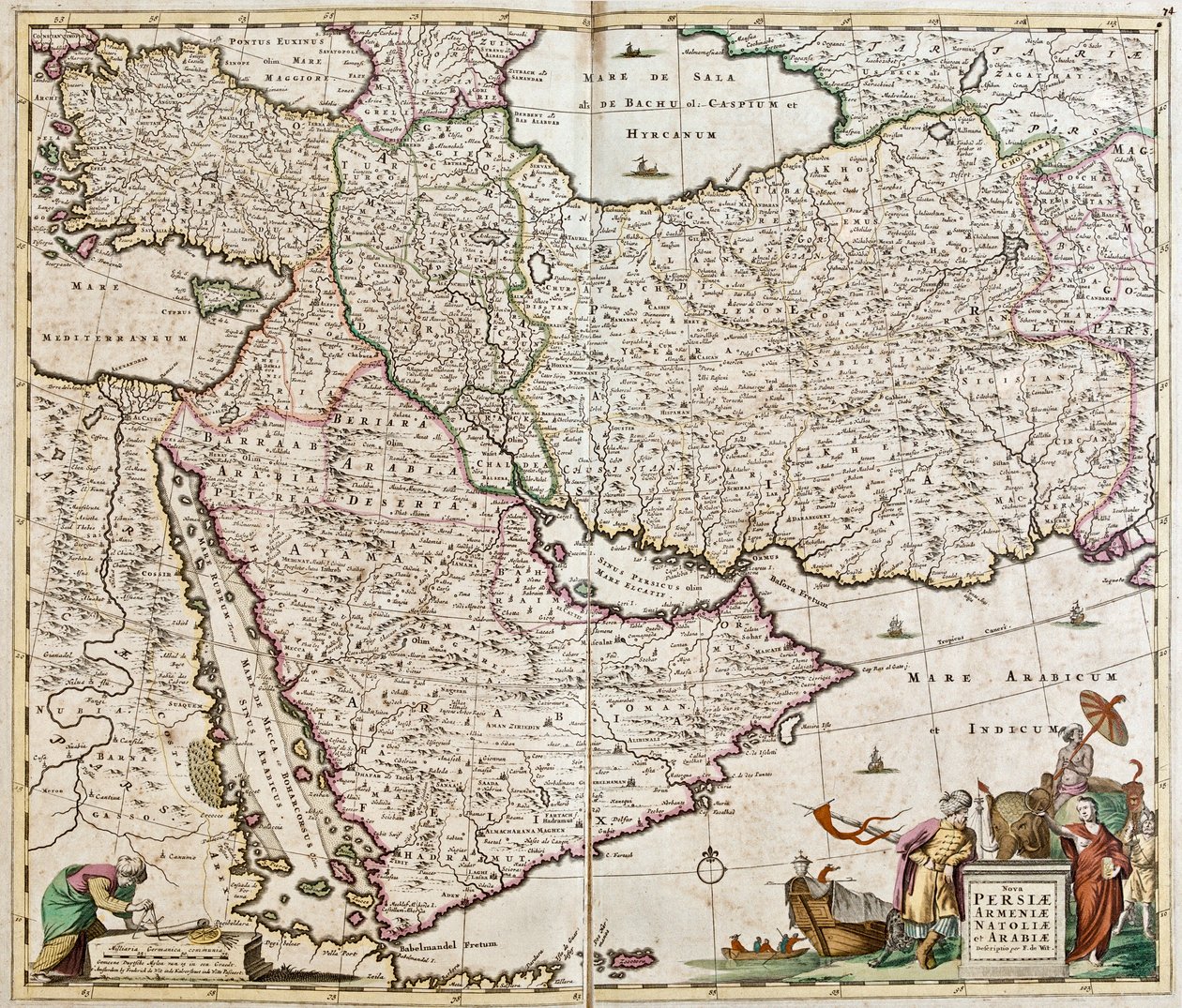 Kort over Persien (Iran), Armenien, Anatolia (Tyrkiet)) og Arabien (Arabisk halvø: Saudi -Arabien, Kuwait, De Forenede Arabiske Emirater, Oman, Qatar, Yemen, Bahrain) (ætsning af Frederick de Wit
