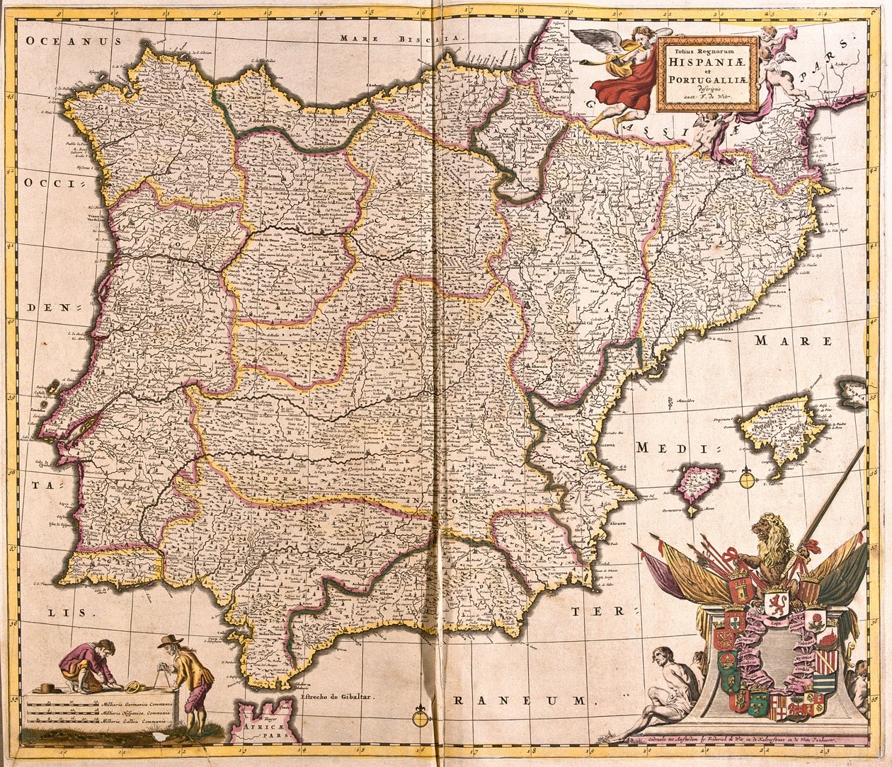 Kort over Den Iberiske Halvø, Spanien og Portugal (radering af Frederick de Wit