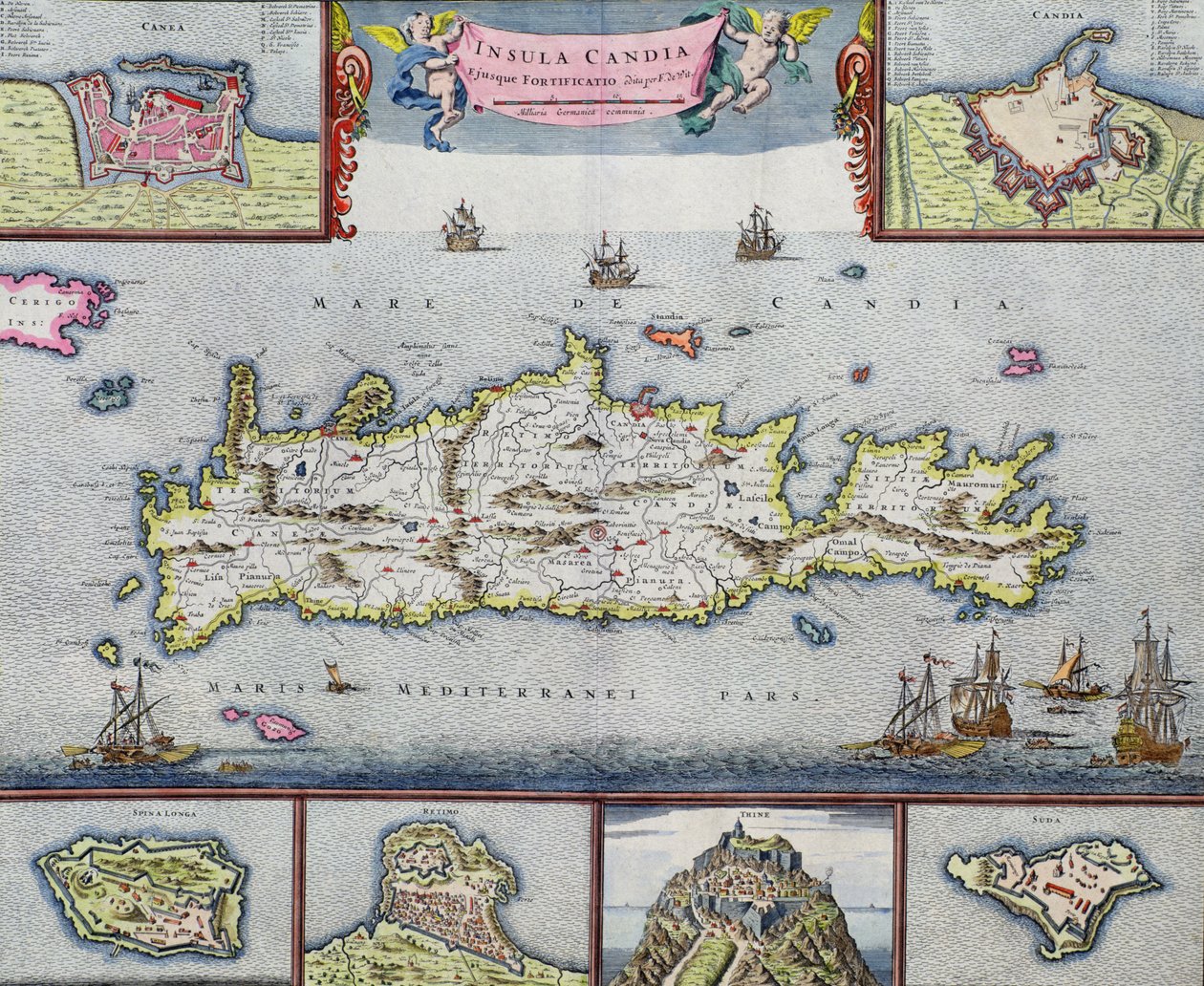 Kort over øen Candia (Kreta) med havnen Herakleion, ca. 1680 af Frederick de Wit