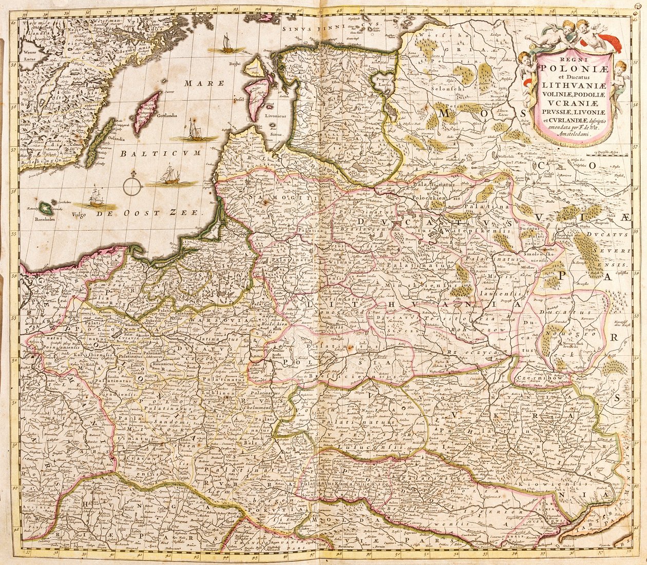 Kort over kongeriget Polen, hertugerne af Litauen og Livland (Letland) (baltiske lande) og Ukraine (radering af Frederick de Wit