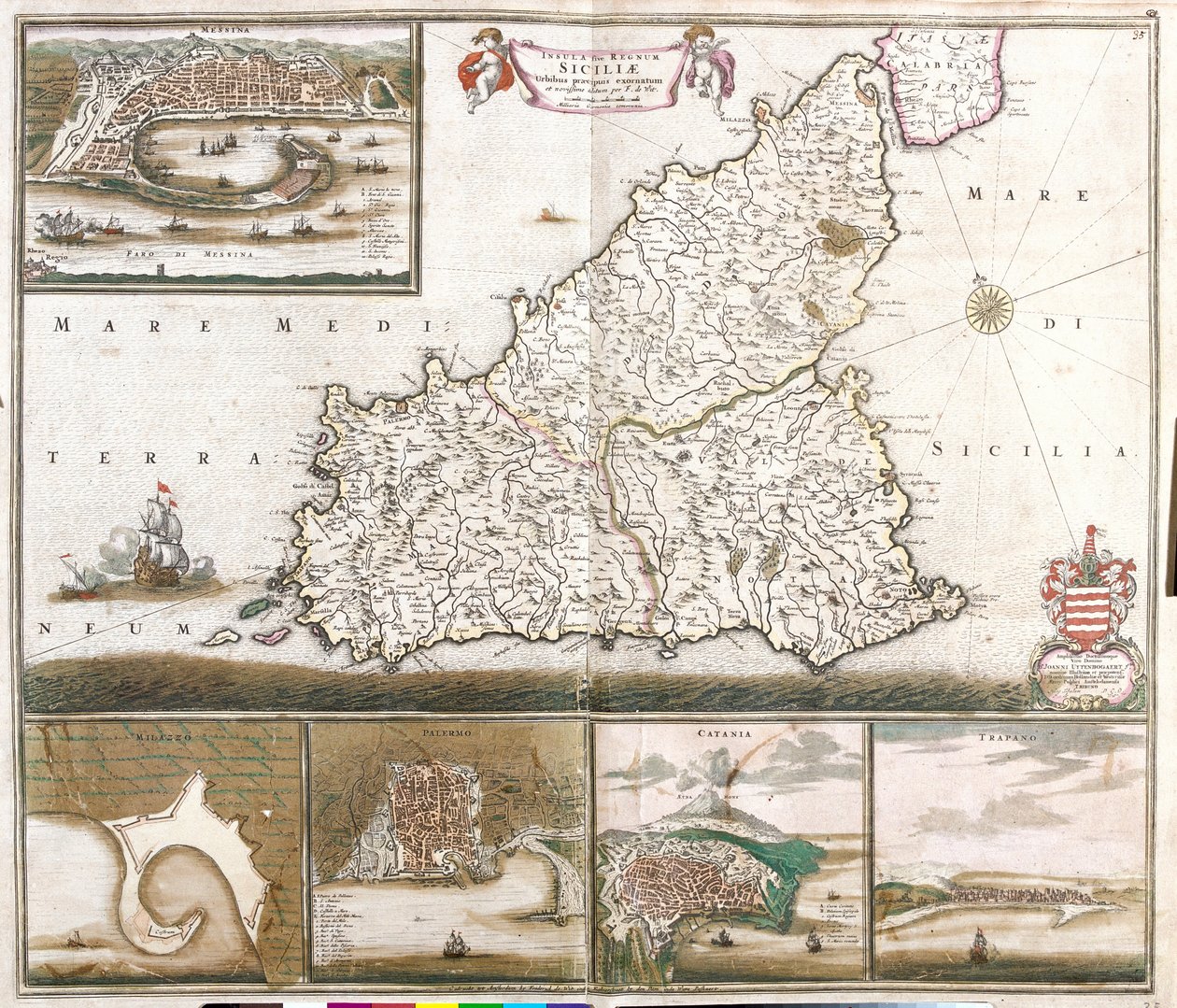 Kort over Kongeriget Sicilien (Italien), med udsigt over byerne Messina, Milazzo, Palermo, Catania og Trapano (radering af Frederick de Wit