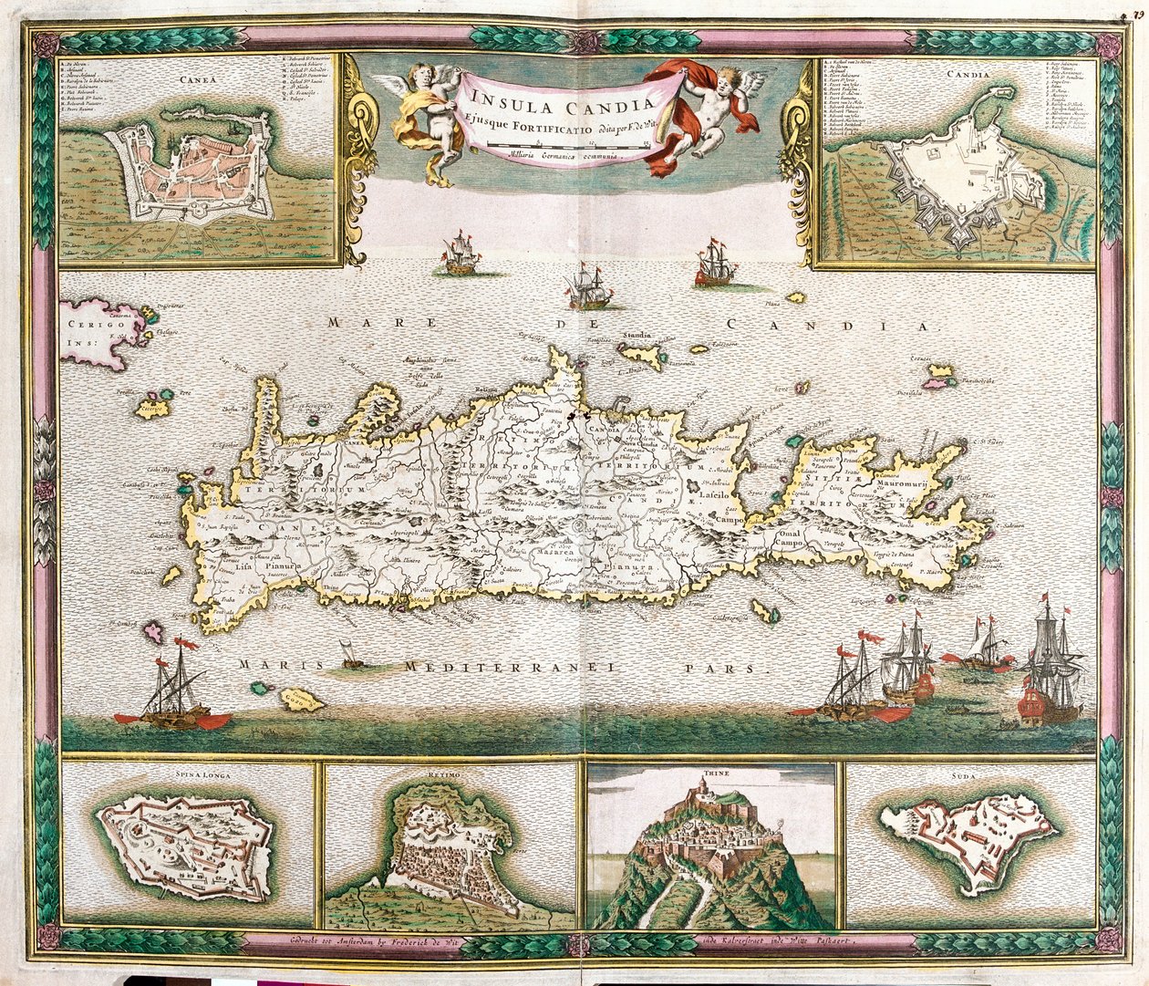 Kort over øen Kreta, med udsigt over de befæstede byer La Cane og Heraklion og fæstningerne Spinalonga, Retino, Thine og Souda (ætsning af Frederick de Wit