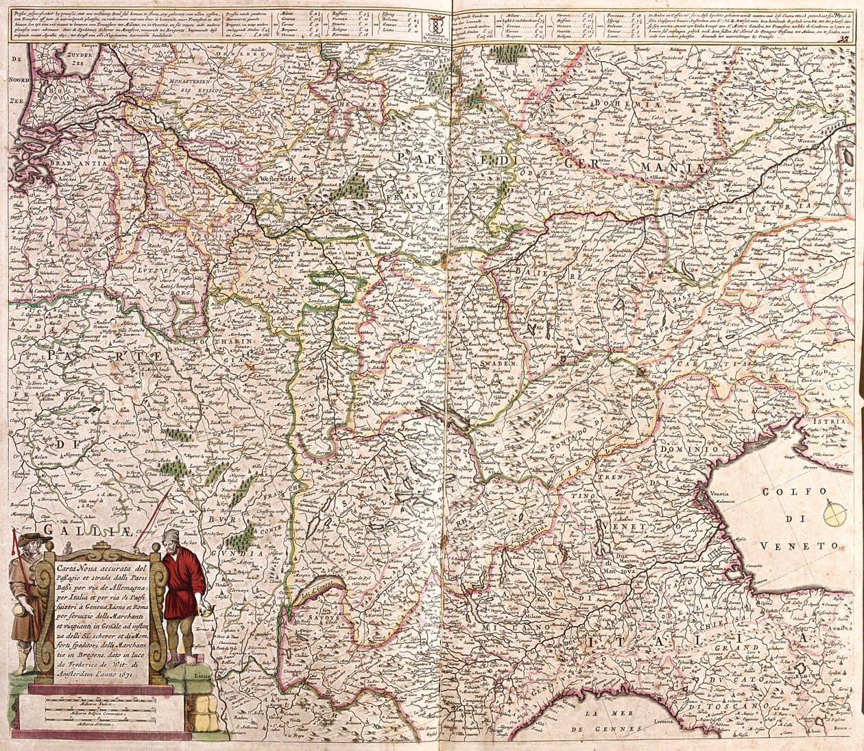 Kort over regionen i Alpernes kæde (Frankrig, Italien, Tyskland) (radering af Frederick de Wit