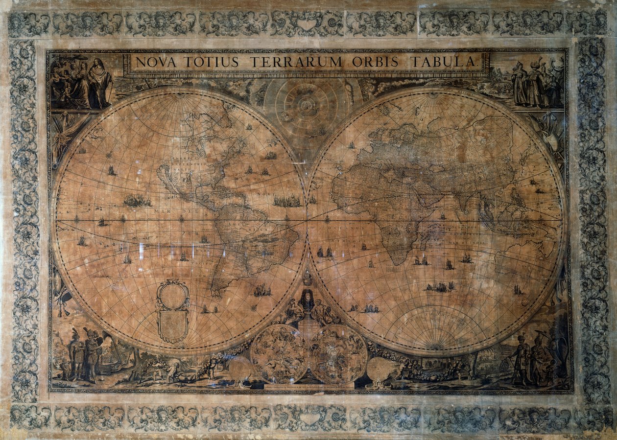 Nova Totius Terrarum Orbis Tabula, dobbelt halvkugle verdenskort af Frederick de Wit (1629-1630 - 1706), dedikeret til kejser Joseph I, kobberstik af Frederick de Wit